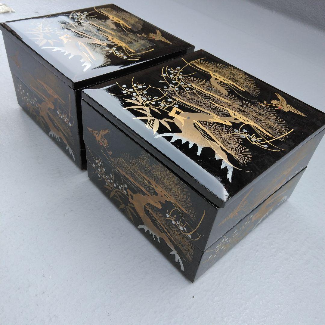 黒塗二段重 内朱塗 本漆 蒔絵 鶴 松 重箱 2組 木製懐石 時代物