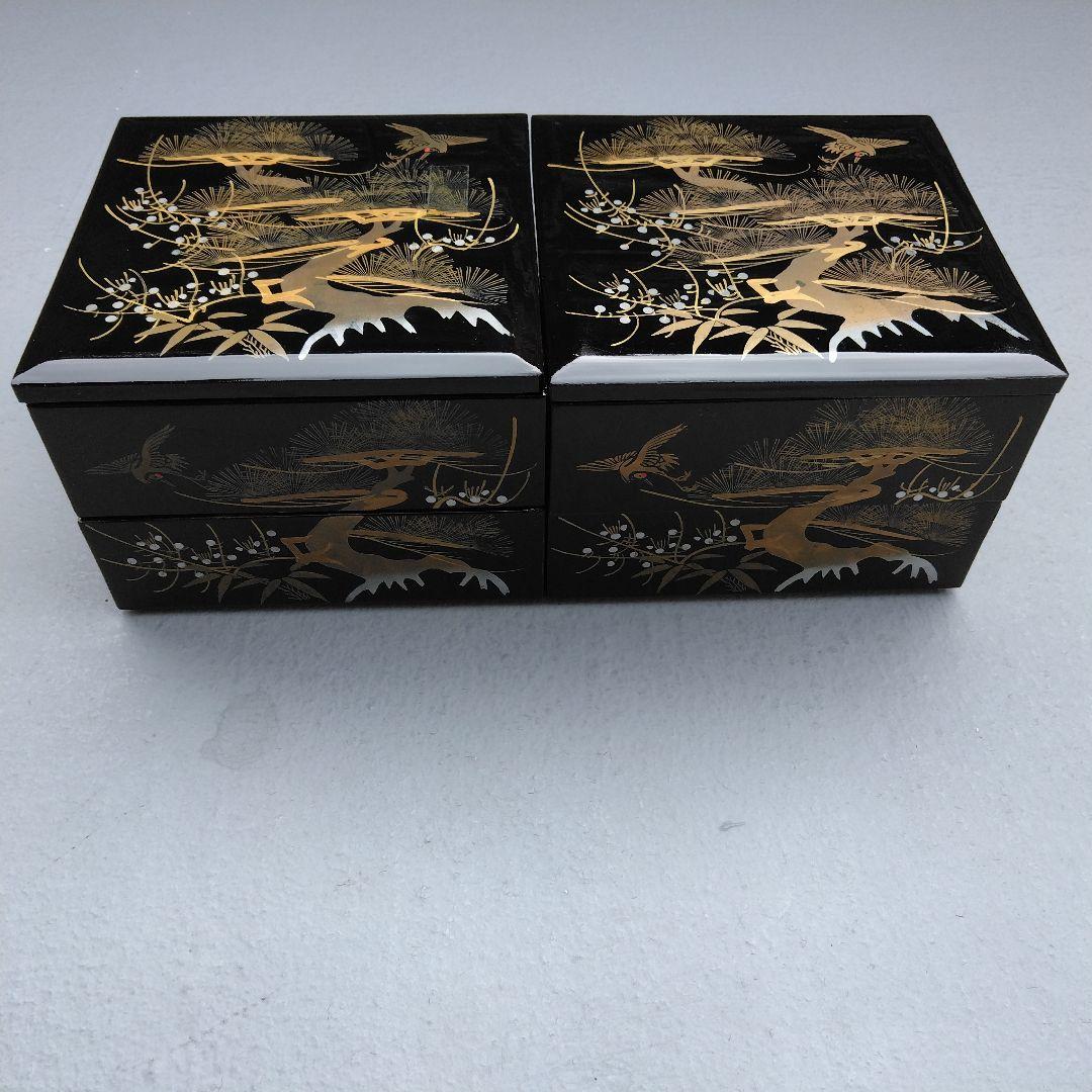 黒塗二段重 内朱塗 本漆 蒔絵 鶴 松 重箱 2組 木製懐石 時代物