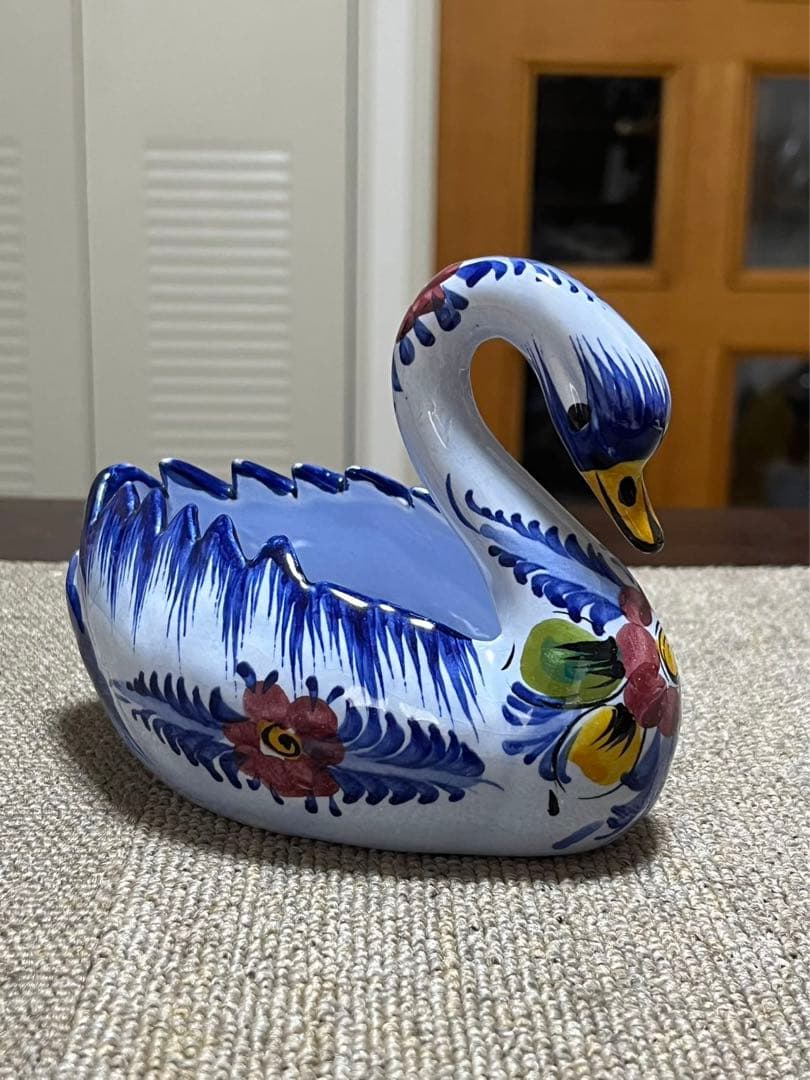 ヴィンテージ ポルトガル 手描き 磁器 白鳥型 花瓶 装飾品 小物皿