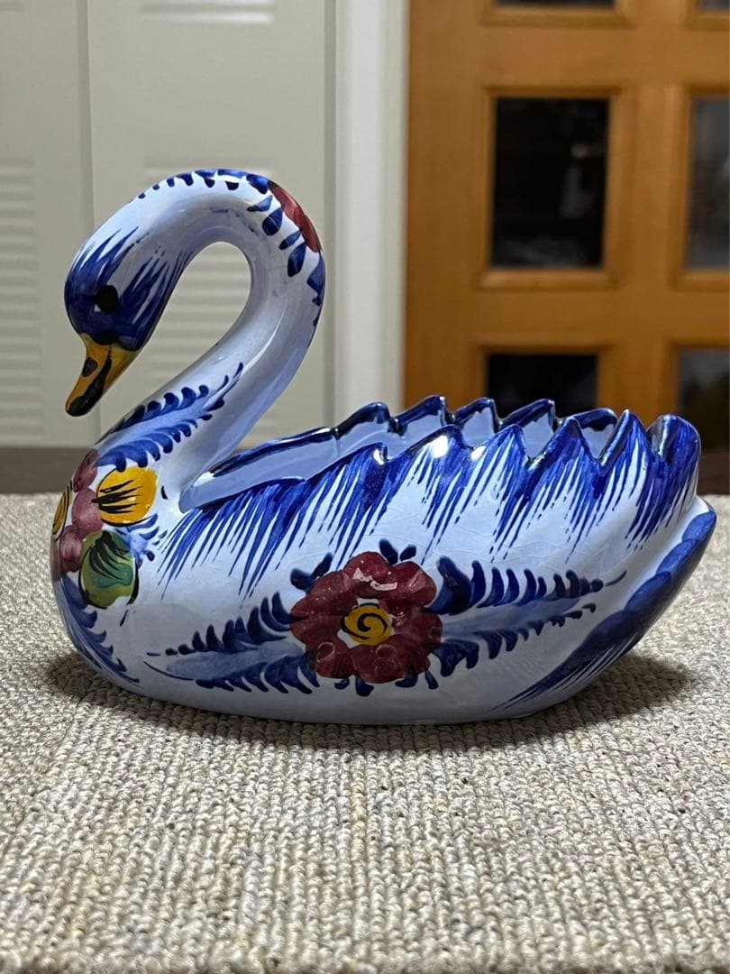 ヴィンテージ ポルトガル 手描き 磁器 白鳥型 花瓶 装飾品 小物皿