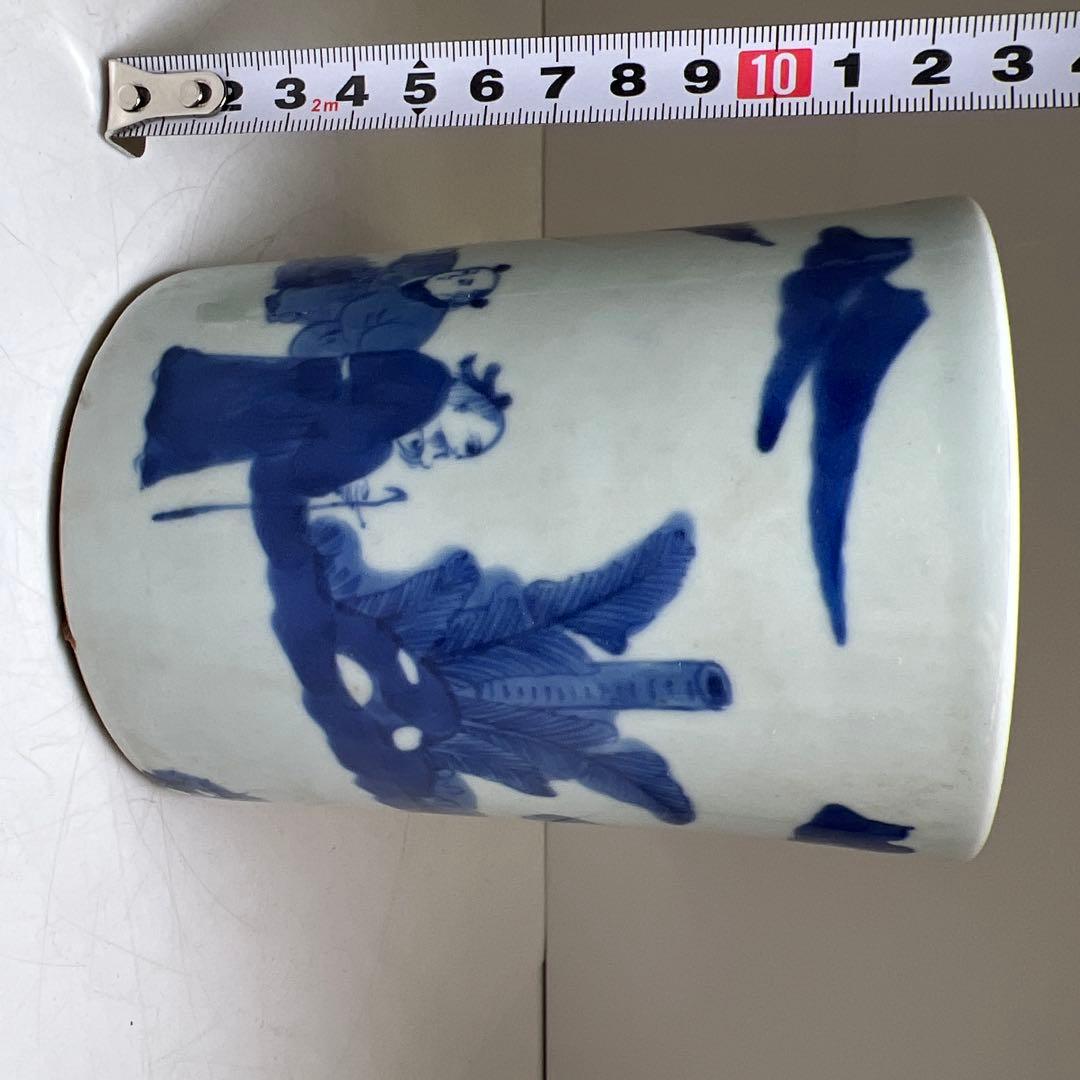 中国美術　青花人物画筆筒　高さ12.7㎝　東Y8-0224②タカサ