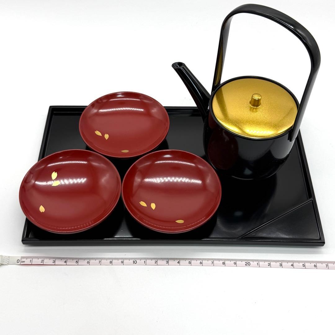 新品 本山漆器店 木曽漆器 屠蘇器 セット 盃 銚子 盆 金 赤 朱色 酒器