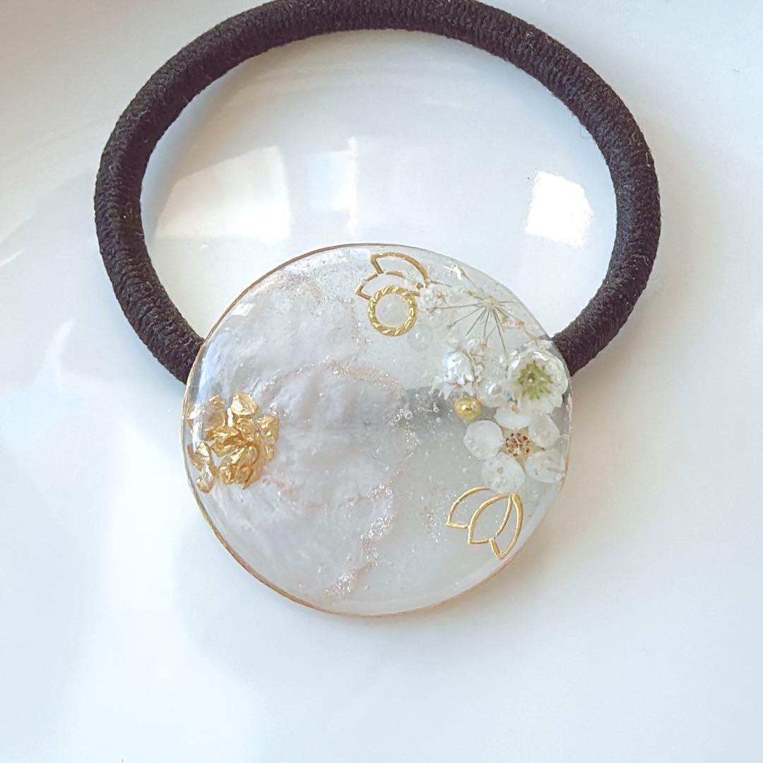 レジンヘアゴム 桜　バトンブーケ　ホワイト　ゴールド　春