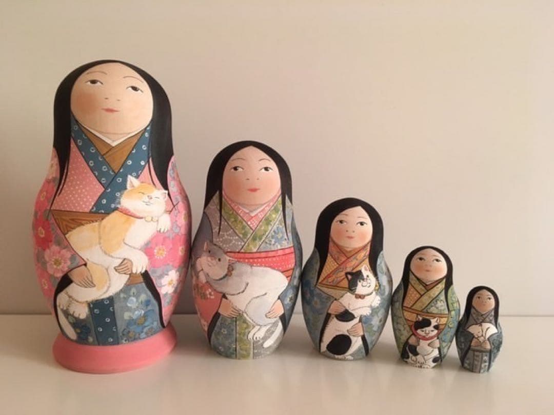 ロシア雑貨☆着物マトリョーシカ(5P)和風 猫 ボボワ作 オマケ付き♪