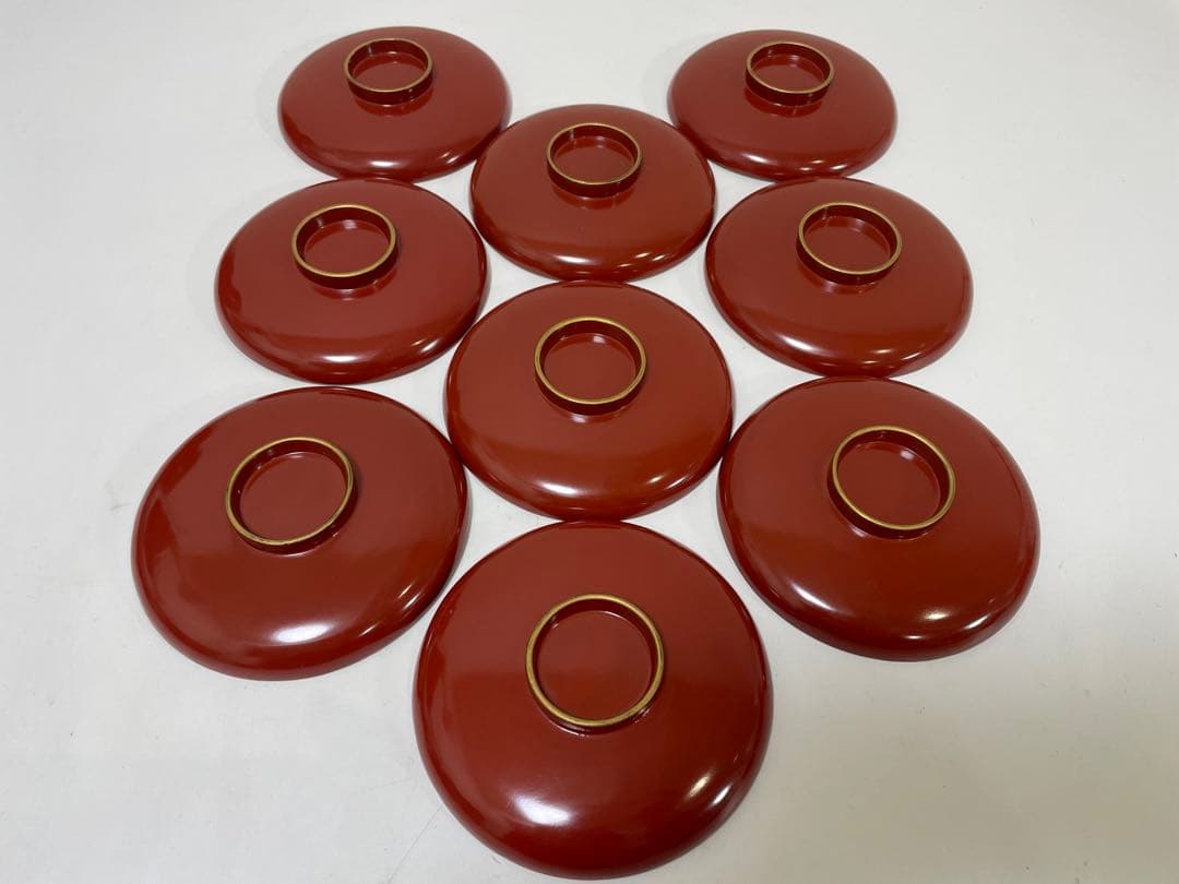 【現状品】漆器 輪島塗 金彩 朱塗 底黒塗 蓋付き椀 割烹 煮物椀 9個 ②