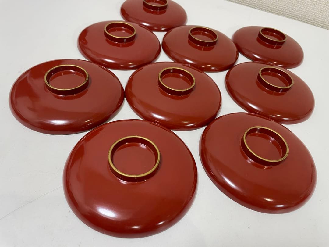 【現状品】漆器 輪島塗 金彩 朱塗 底黒塗 蓋付き椀 割烹 煮物椀 9個 ②