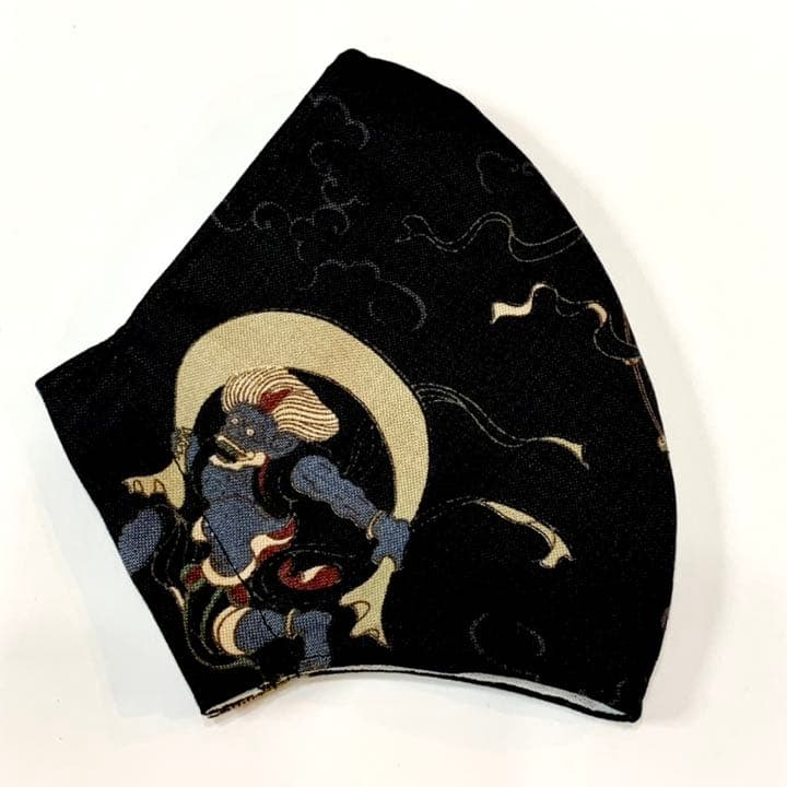 No.240 オーダーマスク ハンドメイド　雷神風神　黒　渋茶色　紺色