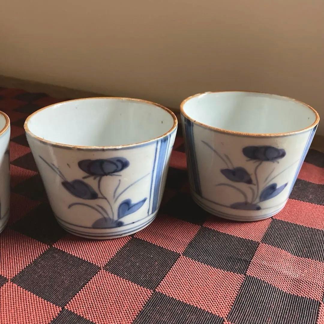 【古伊万里】 蕎麦猪口 染付け　 　'河骨' 3客揃え