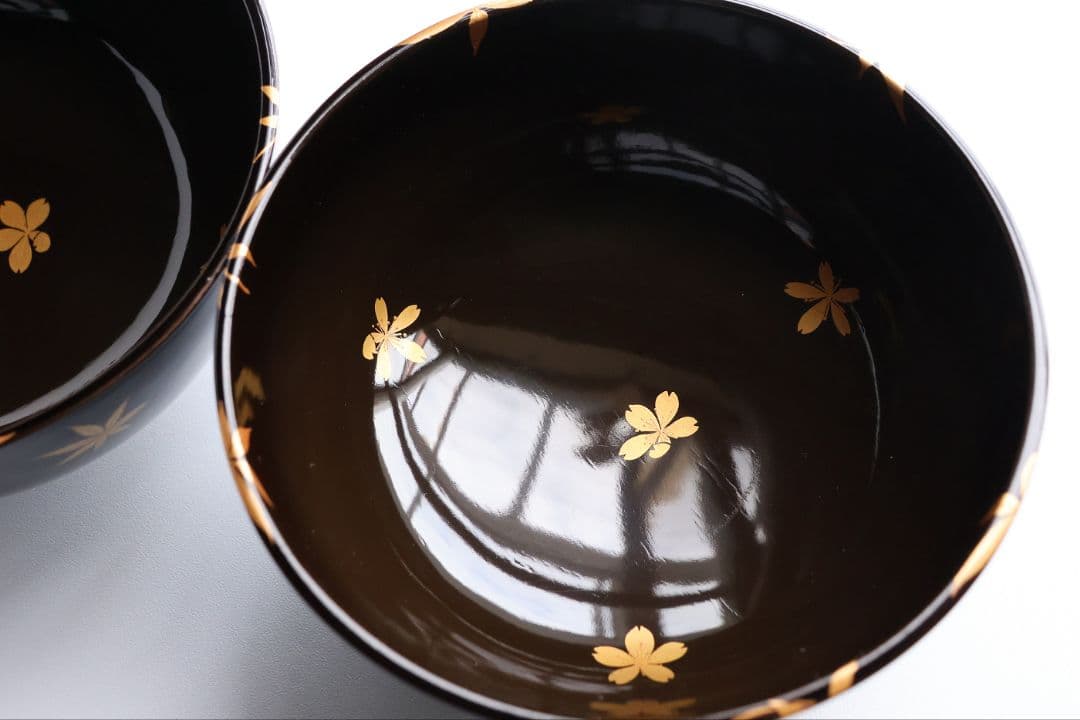 【CM437】天然木漆塗 桜紅葉 雲錦金蒔絵 黒汁椀 五客 / (検)輪島加賀