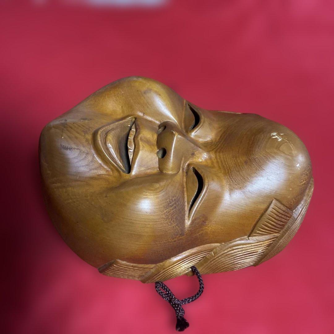 【縁起物】お多福、おたふく、木彫り面※縦約25cm横約18cm【旧家蔵片付け品】