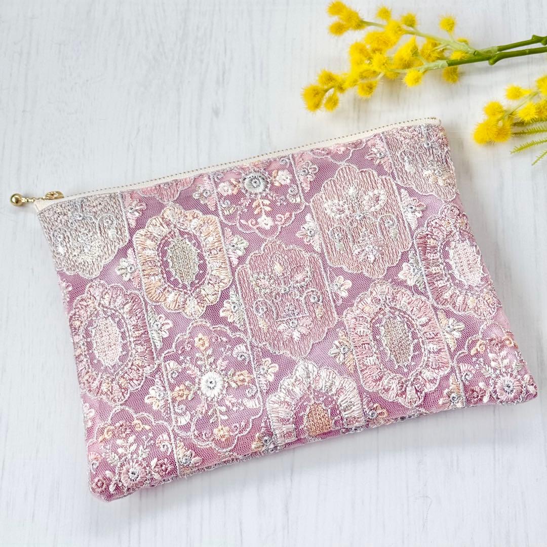 【再販♡】チュールインド刺繍　春の大人きれいポーチ（20㎝ファスナー）