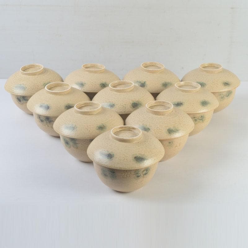 和食器　黄瀬戸　数江瓢鮎子作　花草文　蓋向付　十客　共箱　V　9968A