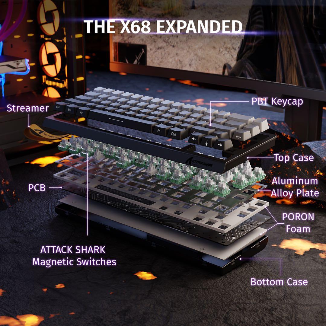 ATTACKSHARK X68HE 磁気スイッチ ラピッドトリガーキーボード黒灰
