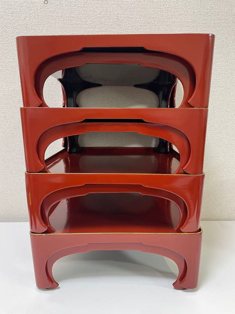 【現状品】漆器 輪島塗 朱塗 金彩 脚付膳 重ね膳 4客 8個 割烹屋 懐石①