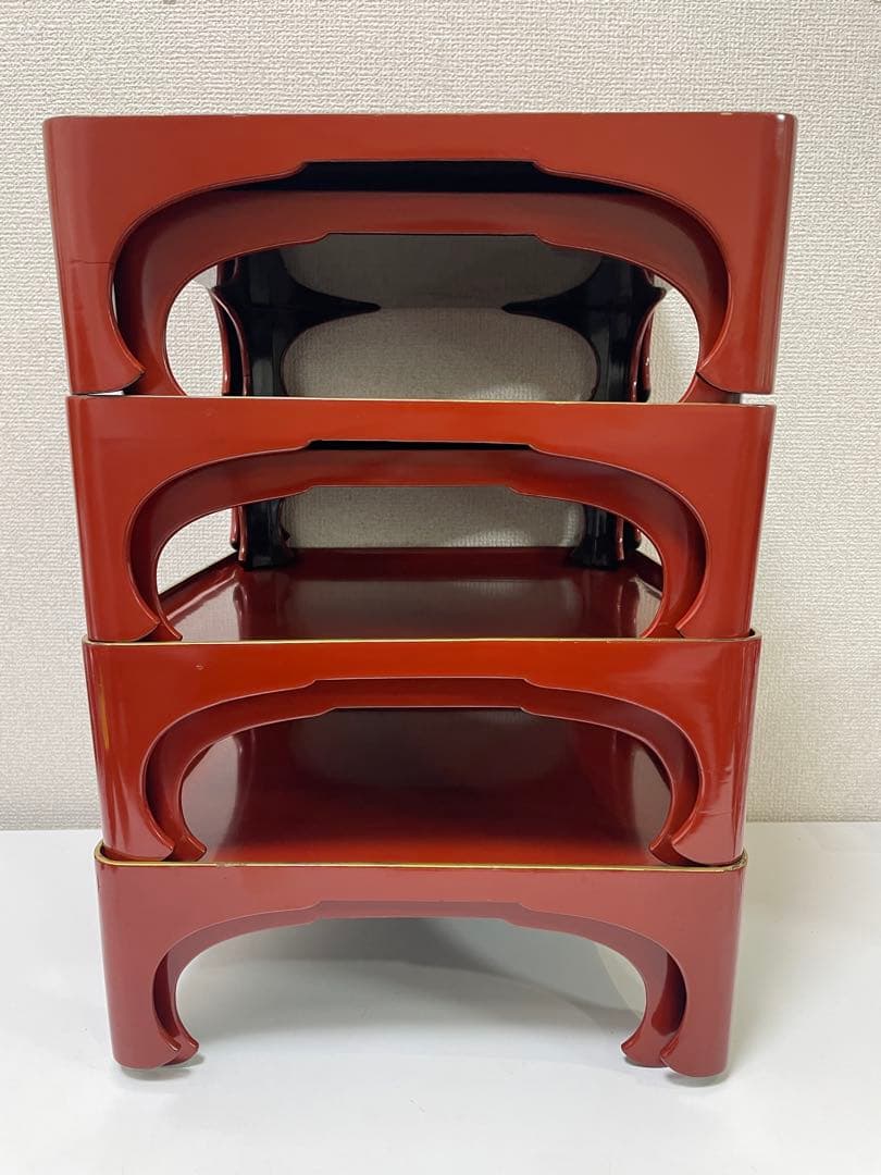 【現状品】漆器 輪島塗 朱塗 金彩 脚付膳 重ね膳 4客 8個 割烹屋 懐石①