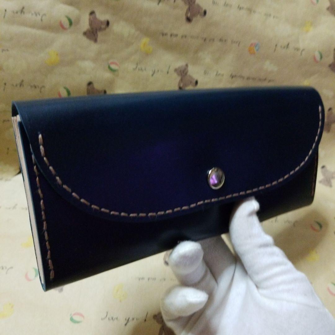 牛革　ネイビー✖️ヌメ革　超シンプル　ハンドメイド長財布