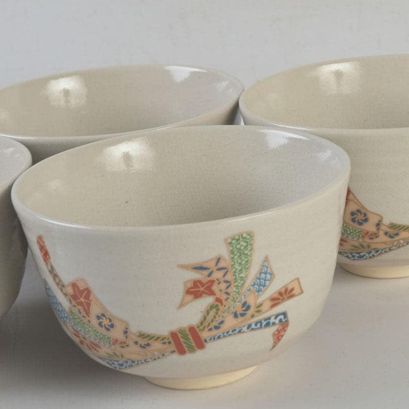 茶道具　京焼　加藤昌山作　色絵金彩　束熨斗文　数茶碗　五客　C　A80