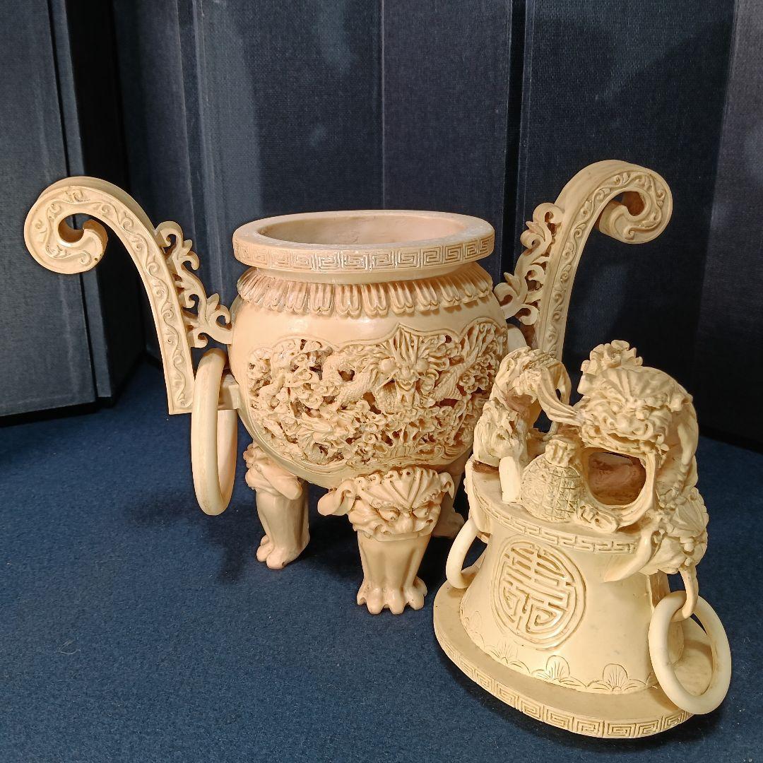 AP77 中国 香炉 獅子 三足 台付 細密彫刻 樹脂製 29cm 中国美術