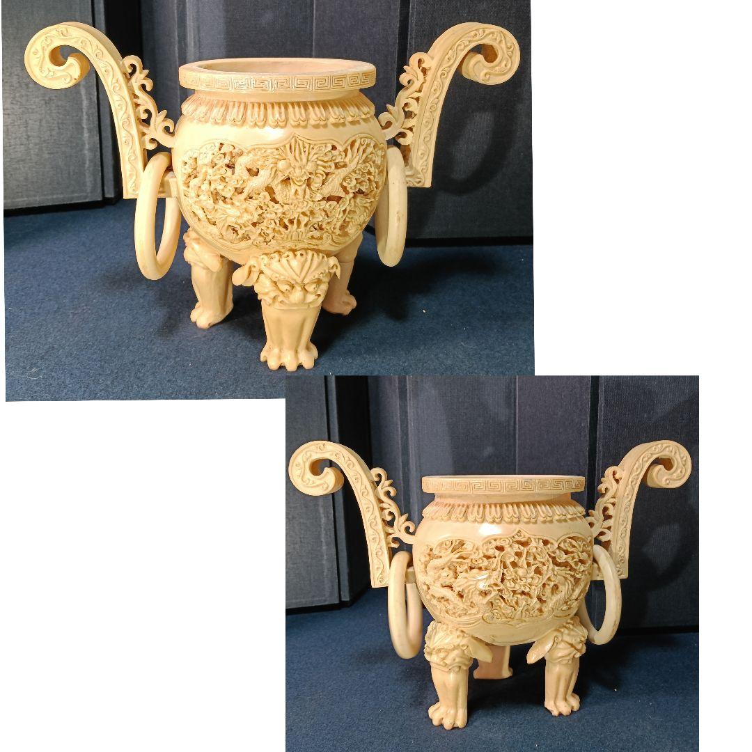 AP77 中国 香炉 獅子 三足 台付 細密彫刻 樹脂製 29cm 中国美術