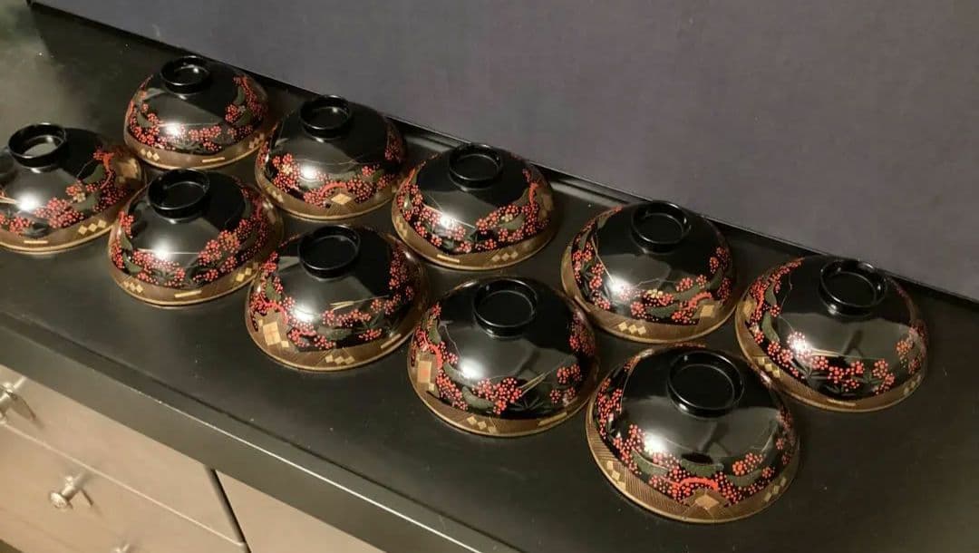 10客　木箱　懐石道具 吸物椀 漆器 60年前　お椀　工芸品 茶懐石南天 蒔絵