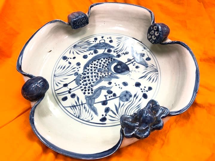 青花  染付  蓮  荷葉  鯉  水盤  40cm