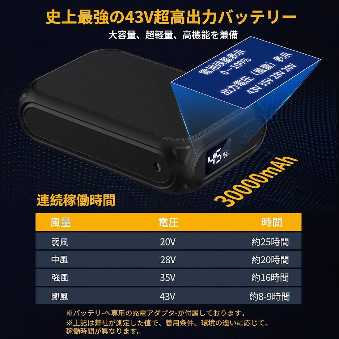 ファンバッテリーセット 43V超高出力 30000mAh 超軽量 9cm服穴