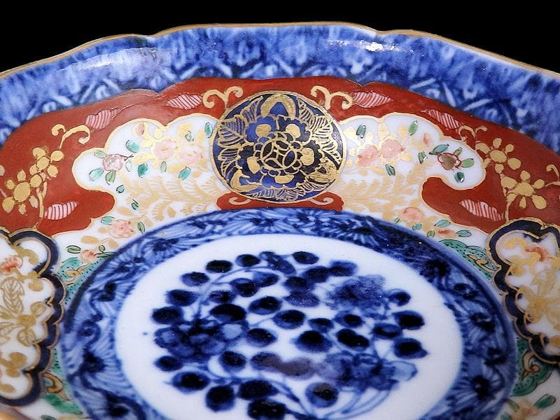 大聖寺伊万里　金襴手 丸紋に草花の図　膾皿　５客　C243AS-CMd