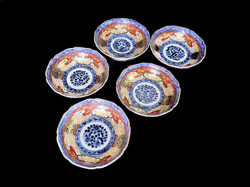 大聖寺伊万里　金襴手 丸紋に草花の図　膾皿　５客　C243AS-CMd