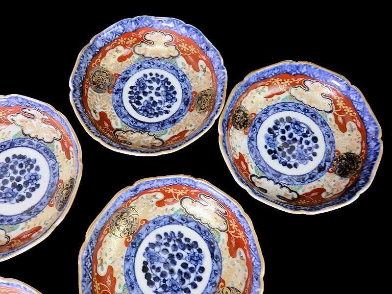 大聖寺伊万里　金襴手 丸紋に草花の図　膾皿　５客　C243AS-CMd