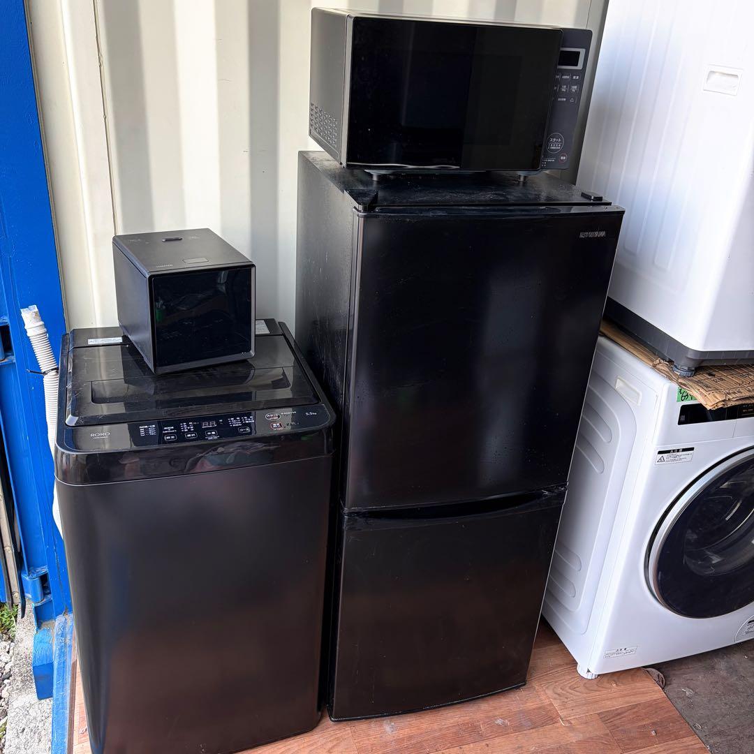 取付無料！新生活応援 スタイリッシュブラック冷蔵庫洗濯機フラット電子レンジ炊飯器