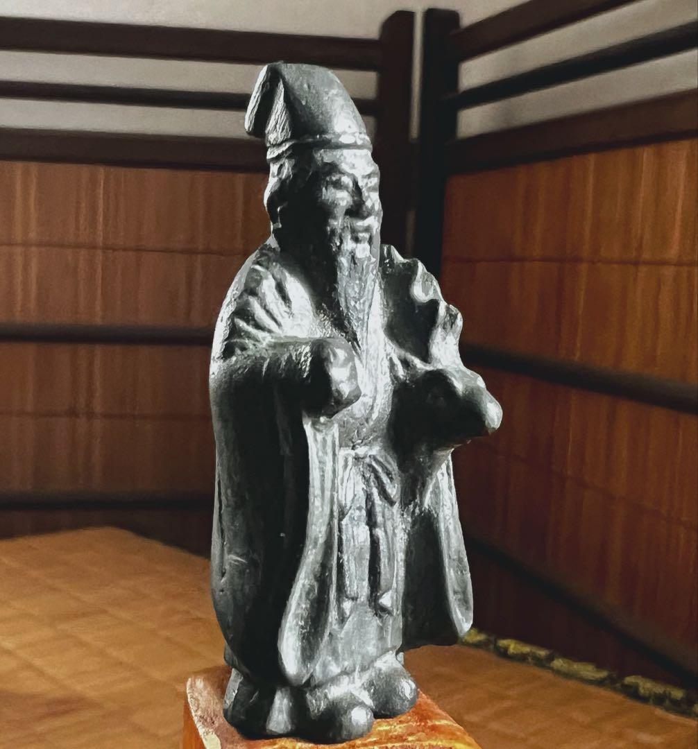 仏教神道美術 大國作 小型 古銅 希少 寿星 寿老人 玄鹿抱き 像 共箱