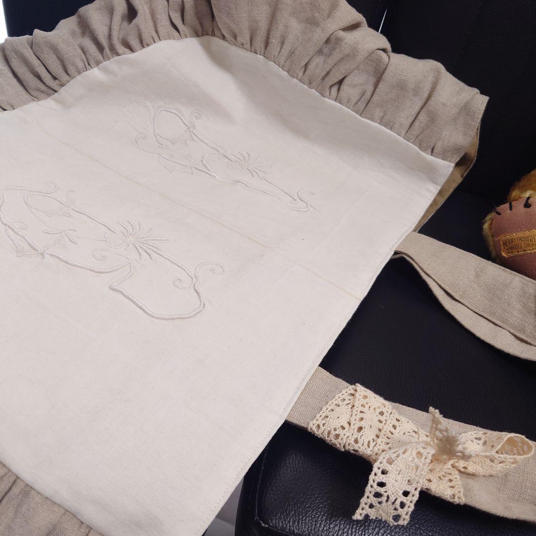 フランスアンティークトート/フリルトート イニシャル刺繍×リネン/サークルトート