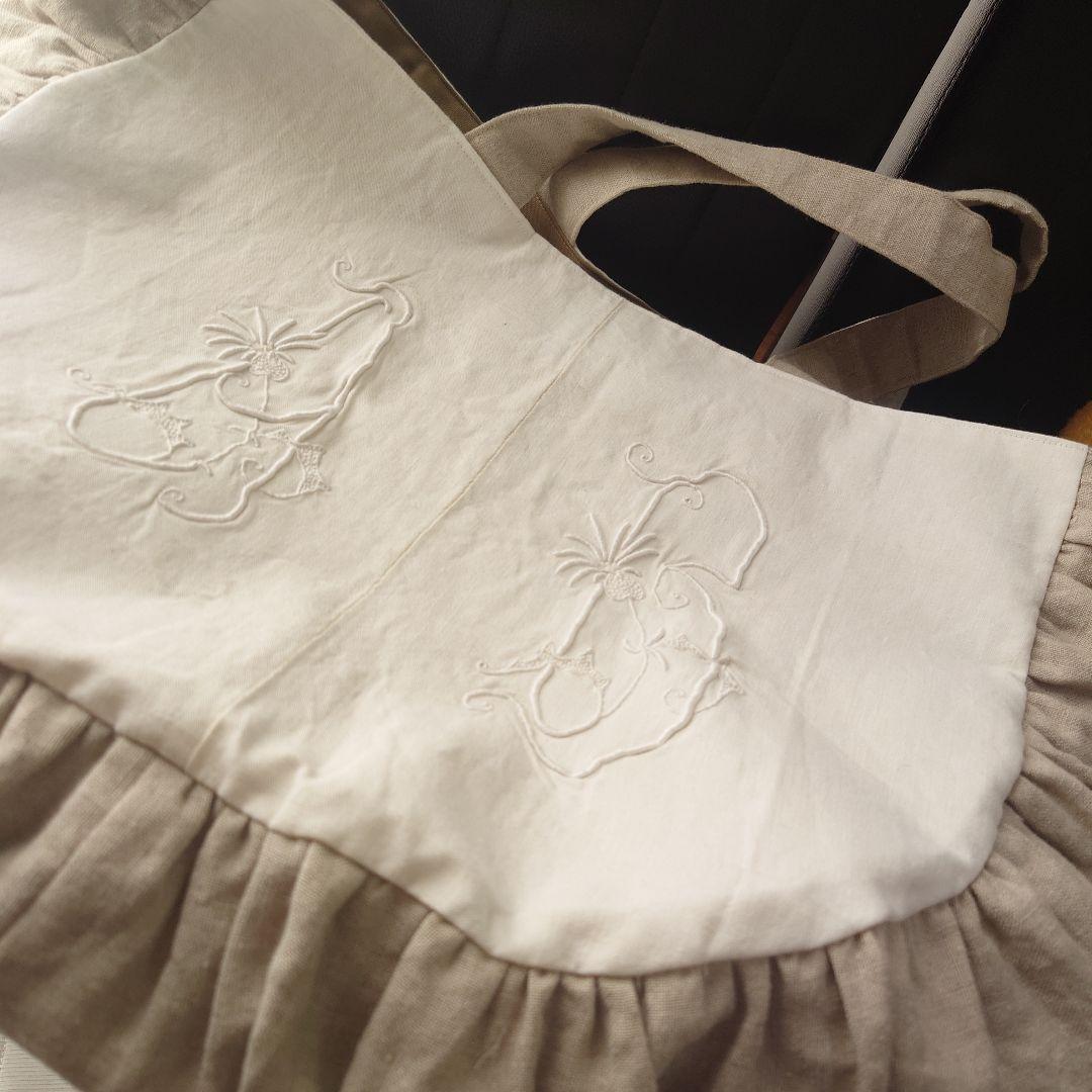 フランスアンティークトート/フリルトート イニシャル刺繍×リネン/サークルトート