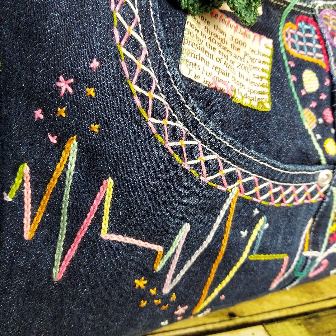 刺繍デニムバックNo.682　デニムリメイク　チューリップバック　サイドポケット