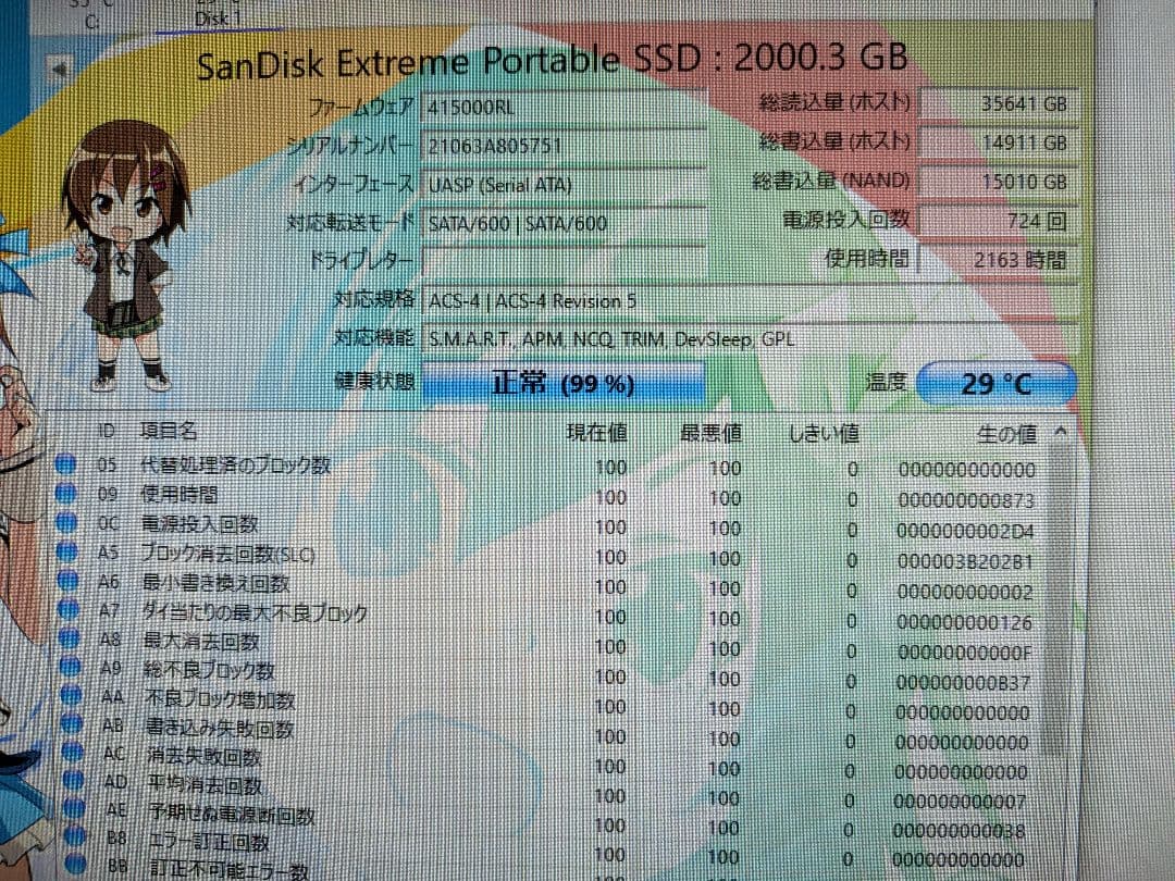 SanDisk Extreme ポータブルSSD 2TB正常判定99%・使用少