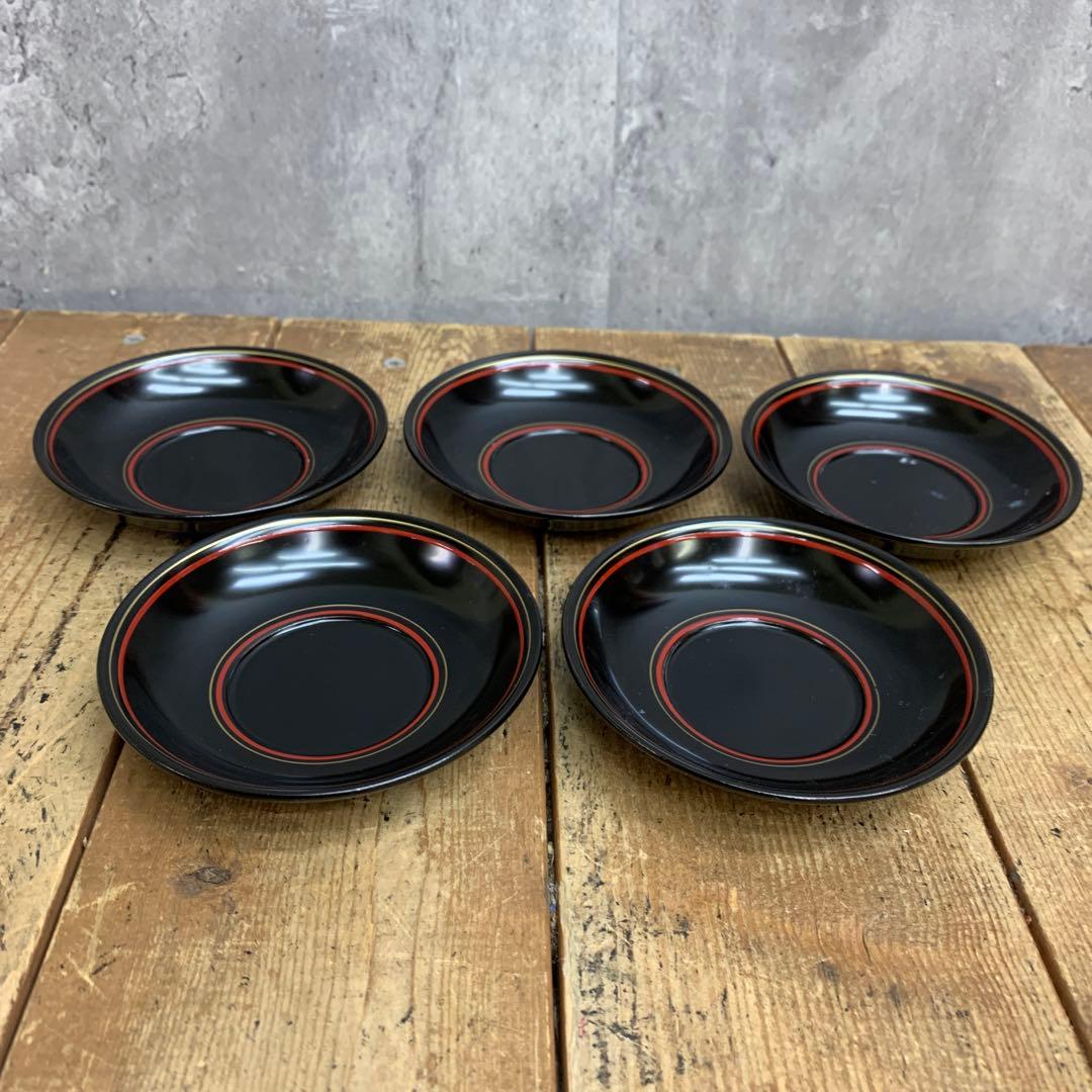 D-5 【5枚セット】漆器 茶托 黒塗り 朱線 2本ライン 伝統工芸 おもてなし
