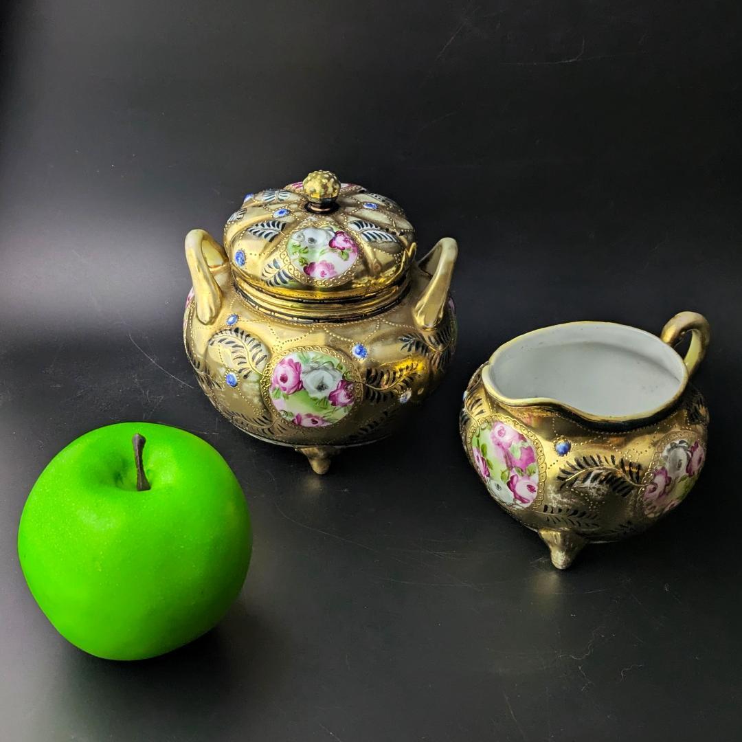 豪華金彩アールヌーボー 薔薇唐草模様 茶壷＆糖器セット 手彩金盛上 ニッポン