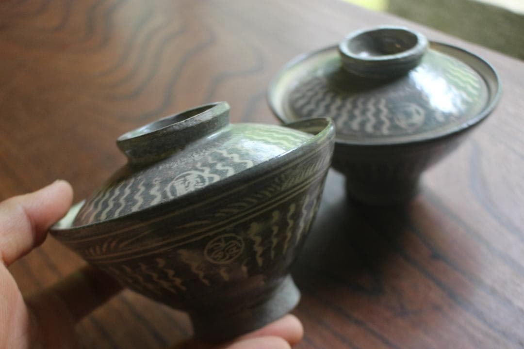 デッドストック！風情ある象嵌文様の映える三島手碗2点（検伊万里九谷お茶碗