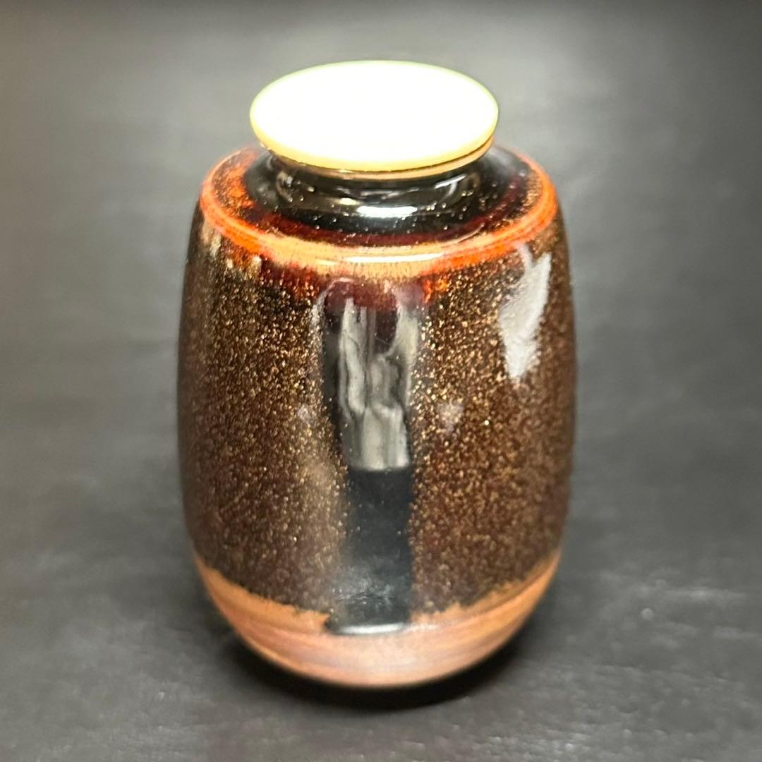 茶道具！古瀬戸 肩衝 茶入！市松模様宝尽間道！『加藤 唐三郎』造！共箱/仕覆付！