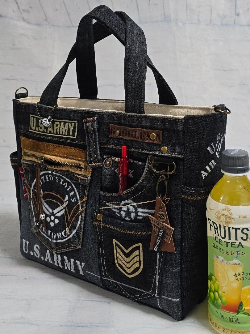 デニムリメイクバッグ 男前 大きめウェスタン調 AMRY 底板 ストラップ付き