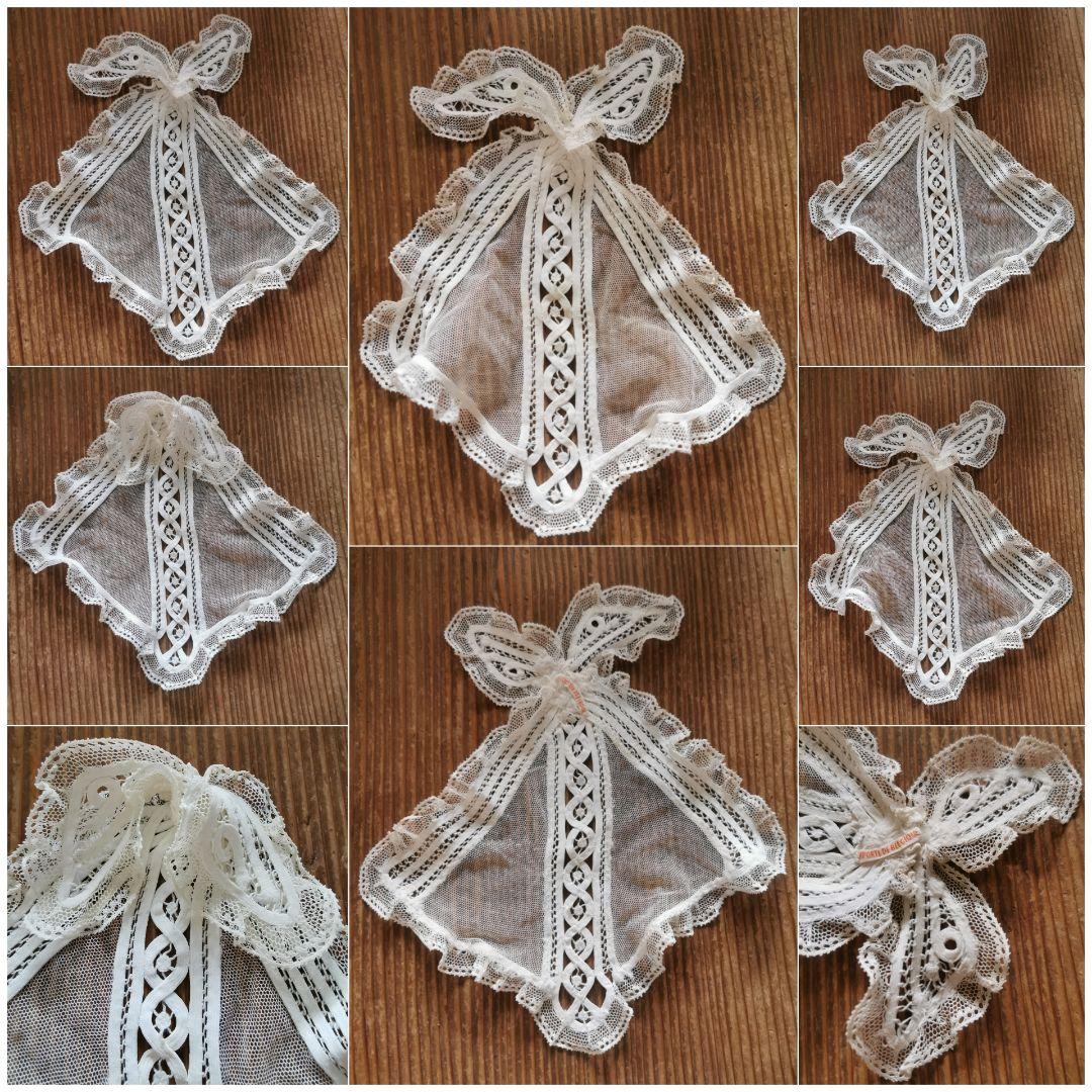 アンティークベルギー レースジャボ/胸元飾り 襟元飾 リボン付け襟 コード刺繍