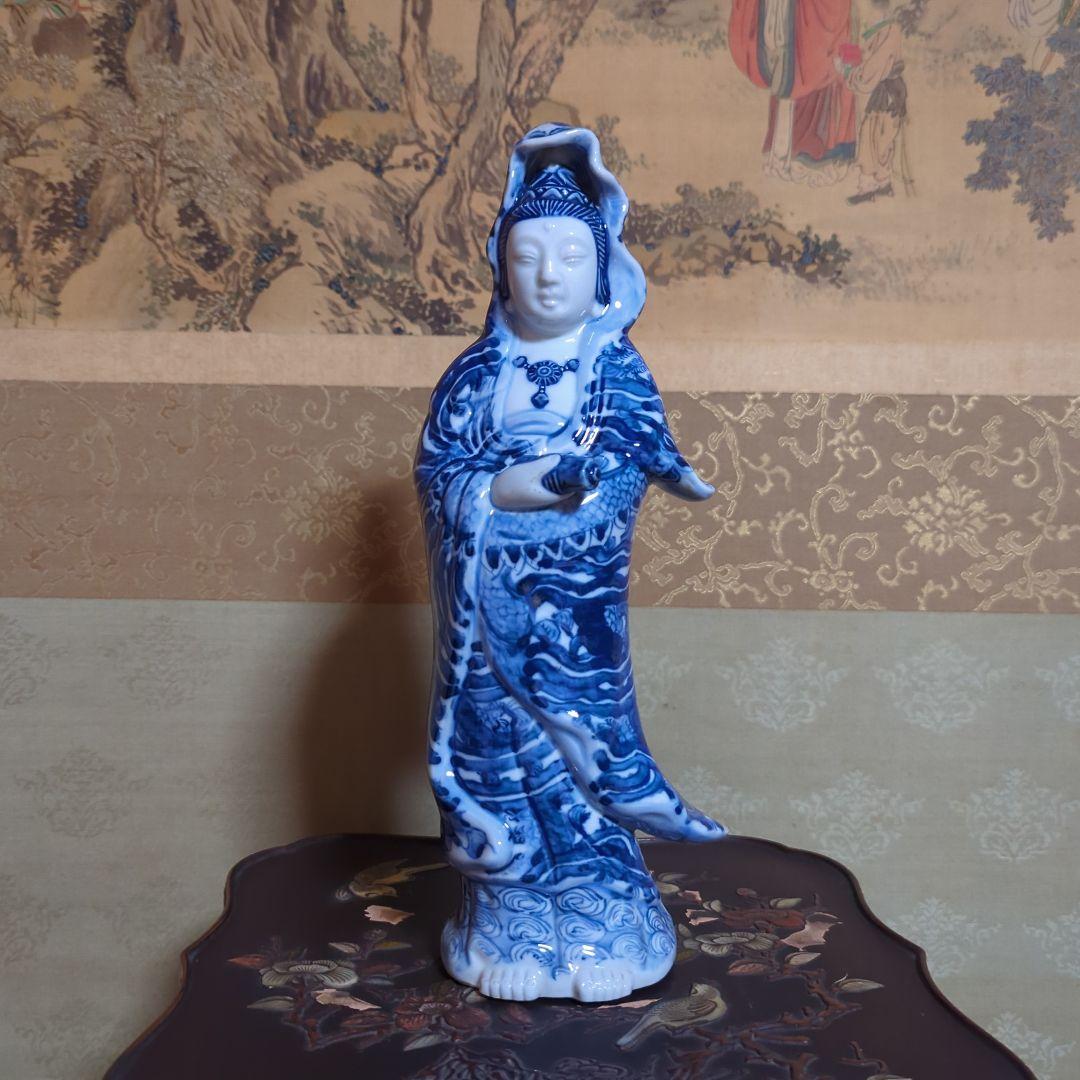 骨董品　陶芸　九谷焼　陶器置物　神像　仏像　染付観音菩薩像