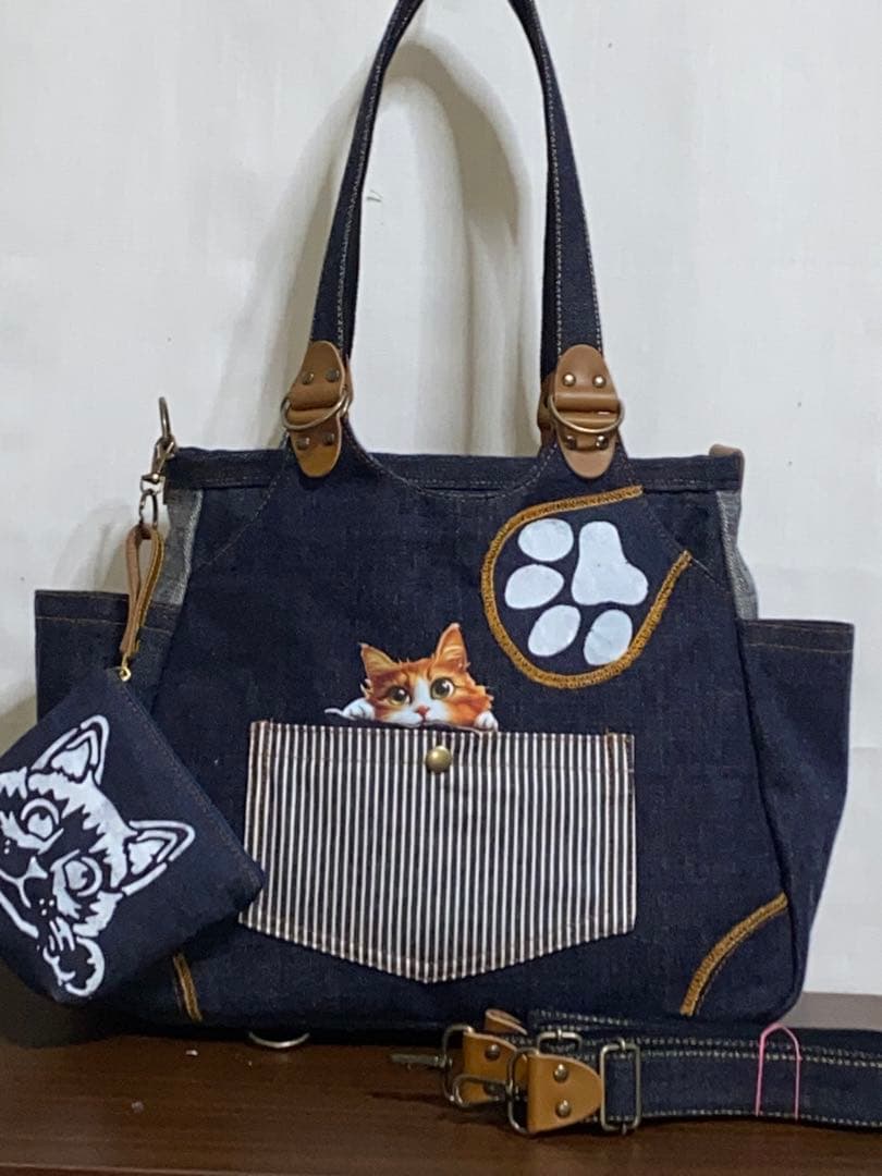 セール中☆岡山デニム☆トラ猫☆リュック対応☆4wayあおりバッグ