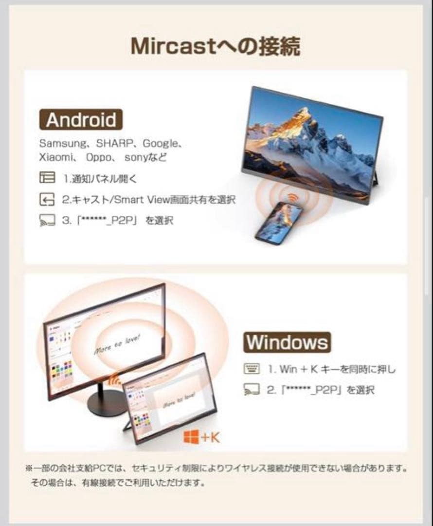 ワイヤレスモバイルモニター 15.6インチFHD1080P 8000mAh大容量