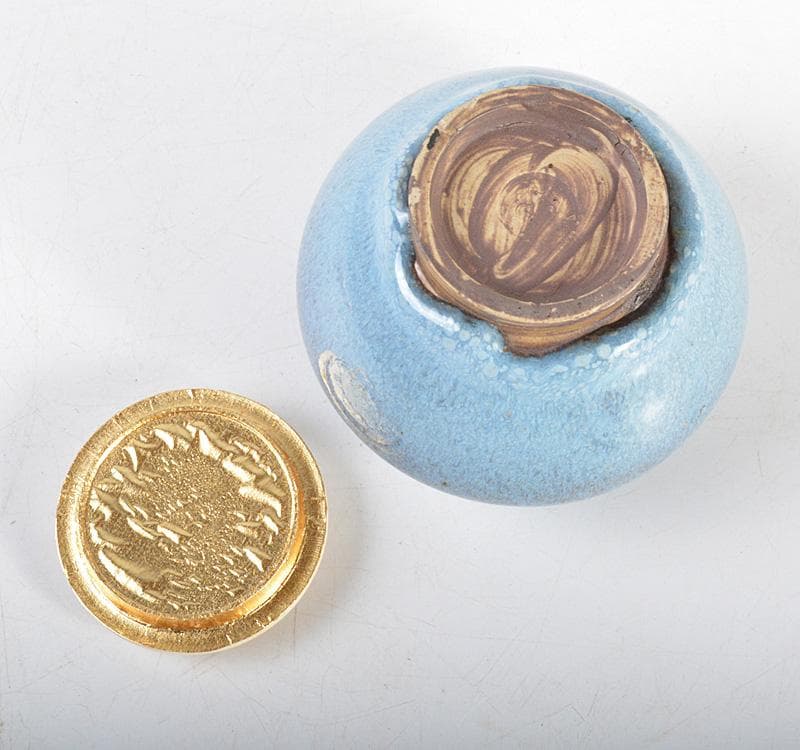 中国　汝窯　天青釉　茶入　茶壷　蓋・仕覆付　時代箱　M　R4570