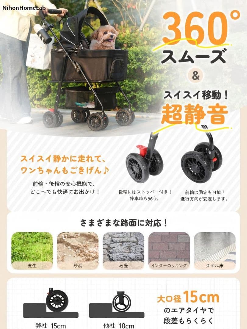 分離式3WAYペットカート20kg：多頭対応＆便利機能付きブラック