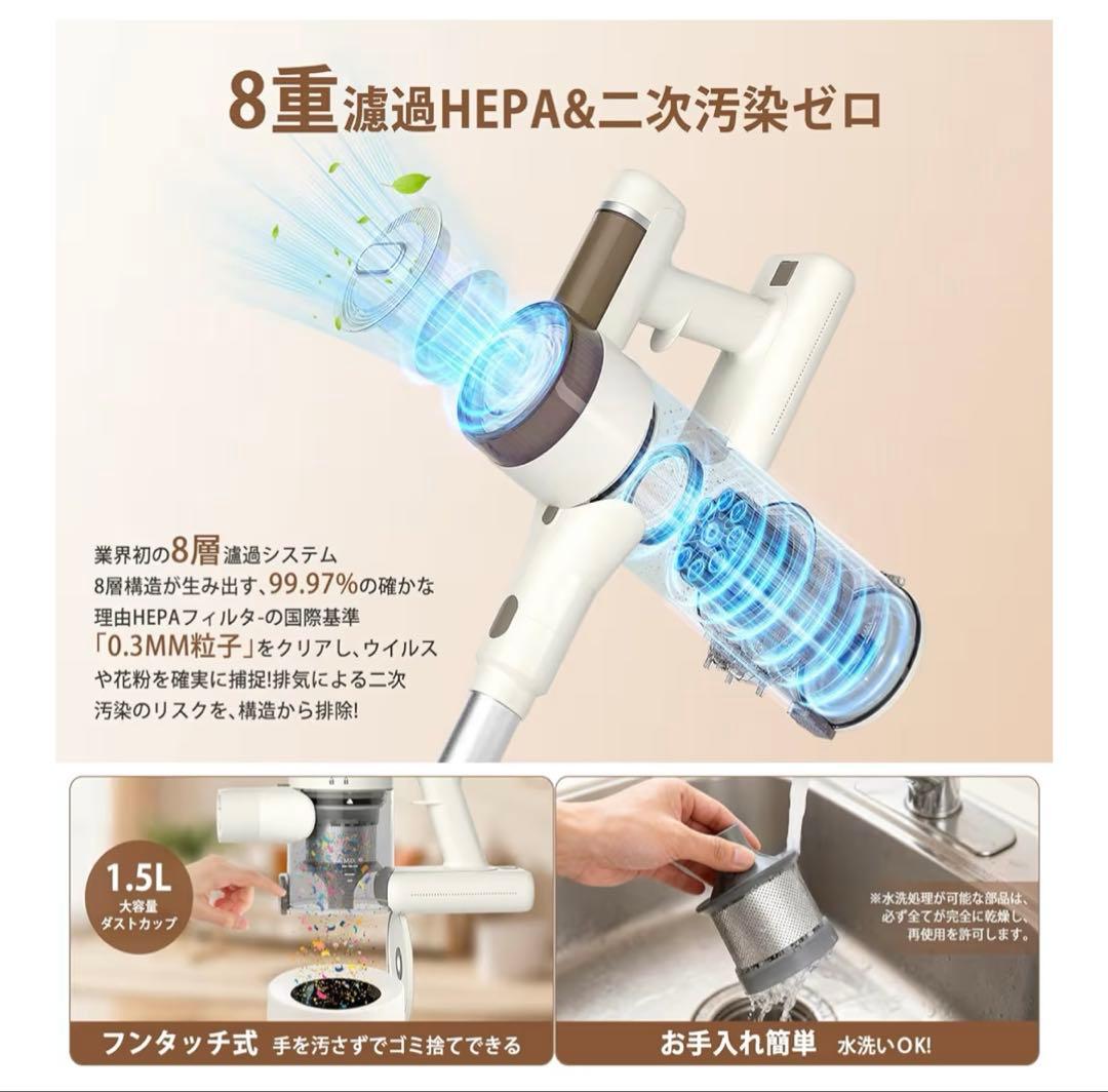 コードレス掃除機自立式75KPa超強力吸引・65分連続駆動