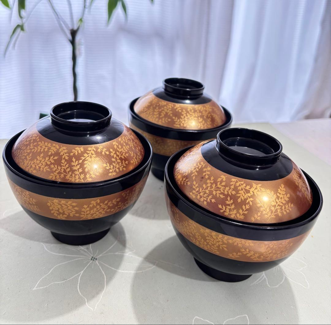 漆器 椀 3個セット 黒金彩蓋付き上品豪華草華繊細金張り漆黒椀