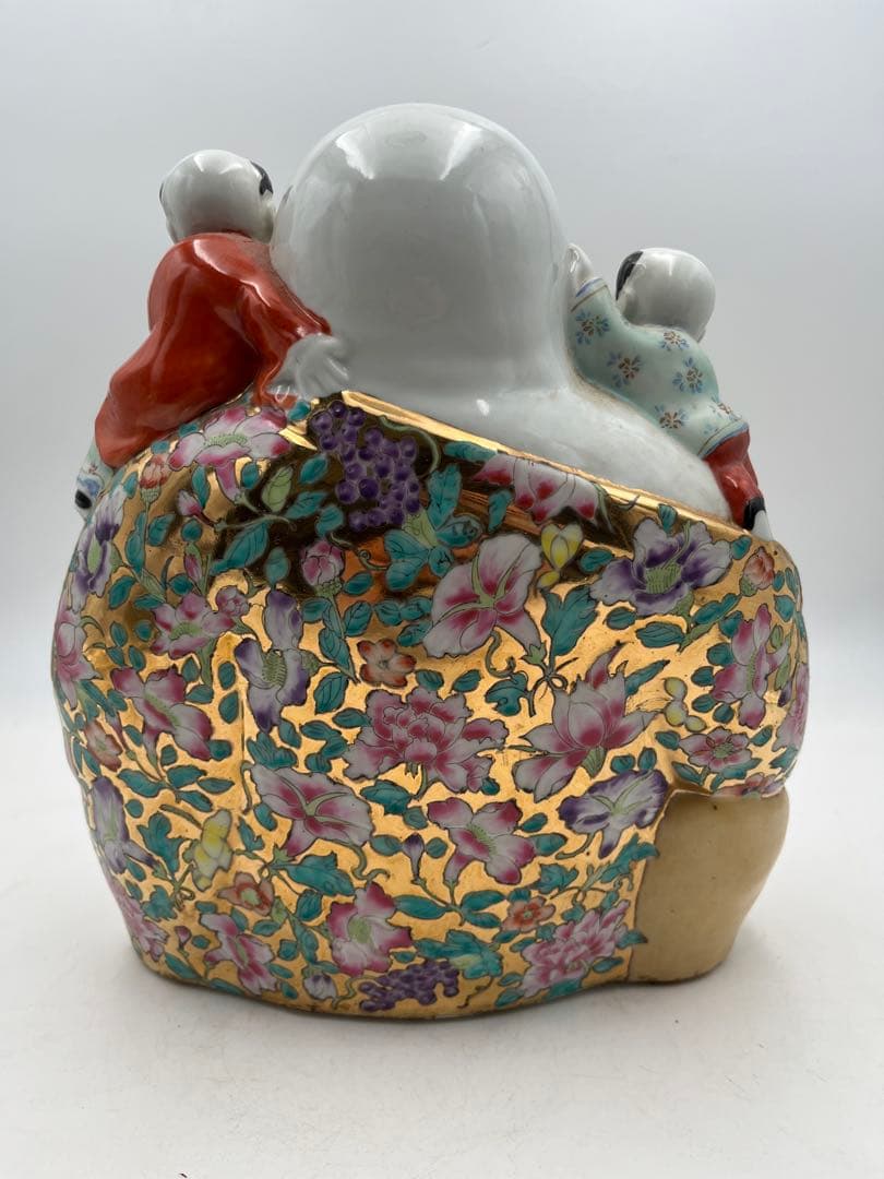 布袋尊 唐子 置物 金彩 色絵 縁起物 高さ約23cm インテリア 陶磁器