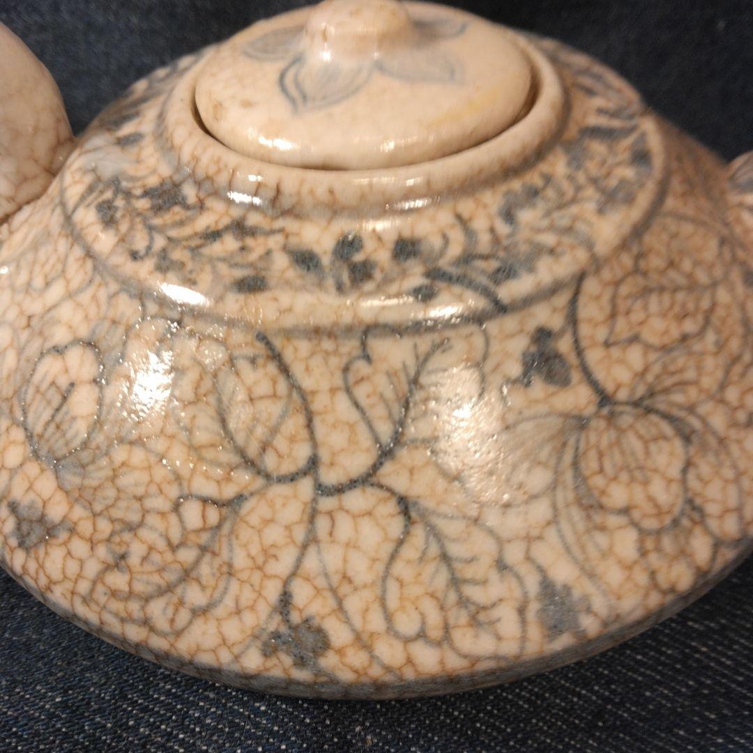古い陶器急須 花柄 ひび割れ釉薬　中国　煎茶　骨董　古玩